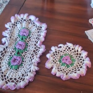 Handmade Vintage Crochet Doilies with Purple Flowers #13